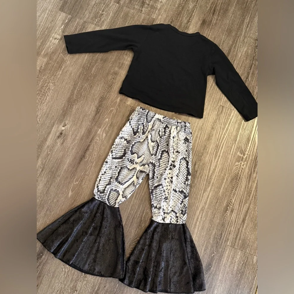 Trendy Black and Snake Print Flared Bell Pants  with Long Sleeve Crop Kids Set